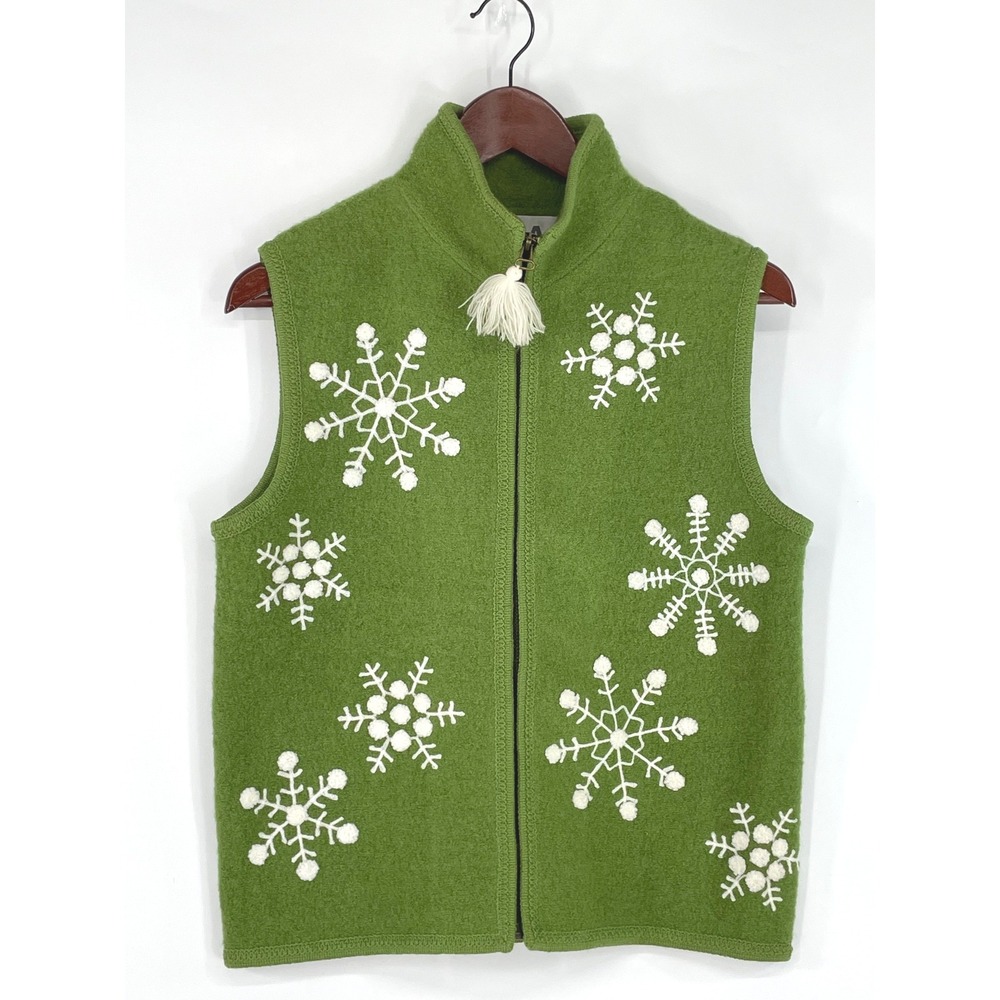 Lisa International Women Vest S Boiled Wool Green Snowflake Zip Up CD198